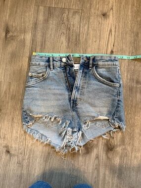 Zara Light Blue Frayed High-Rise Denim Shorts